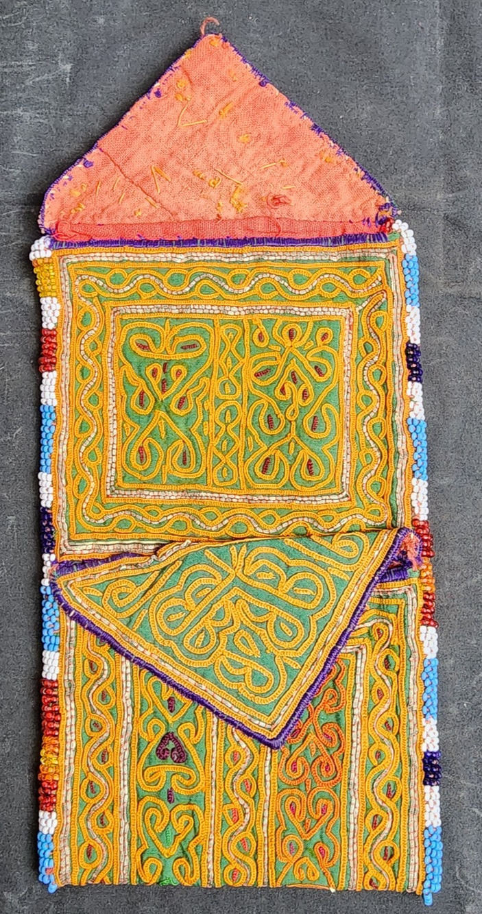 Kuchi Embroidered Pouch Wallet Afghan Handmade Beaded Yellow Green